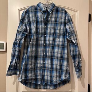 Wrangler George Strait Men's Blue and White Plaid Button Down Shirt Medium